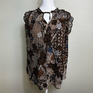 Maison d'Amelie Floral Tank Womens Medium Brown Blue Ruffled Tie Neck Top‎ Lined